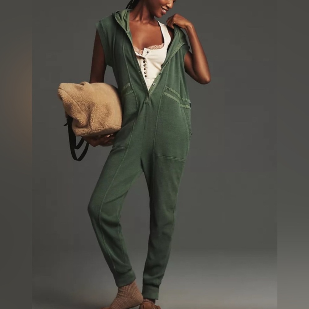 Anthropologie Vapor Waffle Knit Green Hooded Jumpsuit
